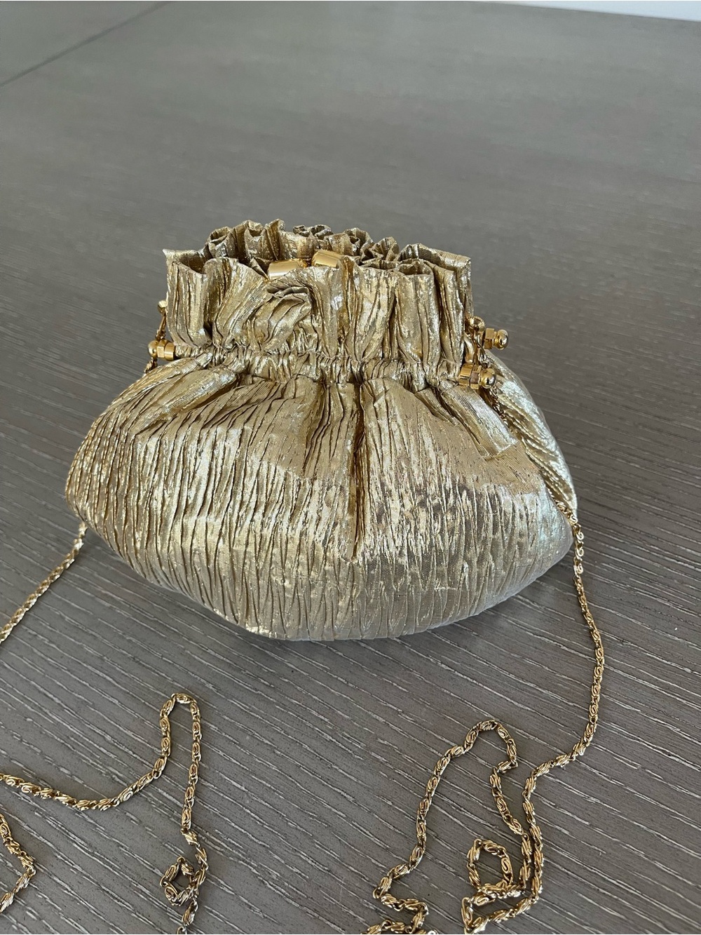Gold Metallic Ruched Drawstring Wristlet with Chain Strap - Picture 2 of 11